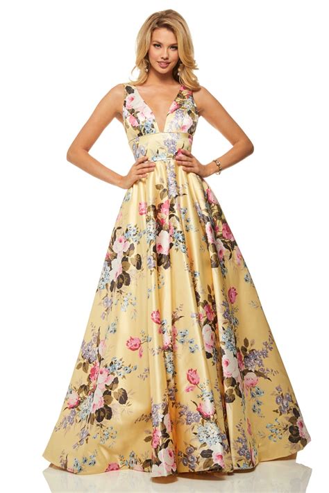 Sherri Hill 52909 Floral Print Deep V Neck A Line Dress Sherri Hill