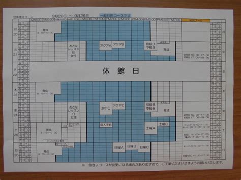 9月20日から26日までのコース利用予定表 上越市立オールシーズンプール