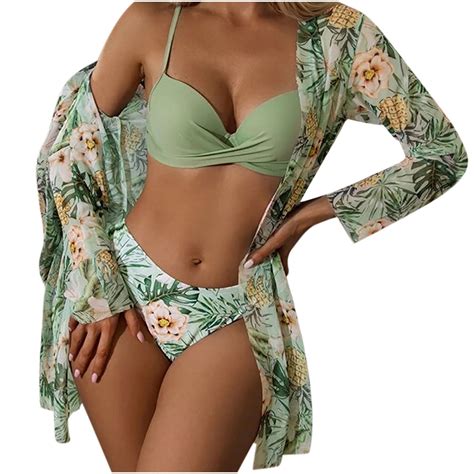 Wreesh Womens Piece Swimsuits Tropical Print Bikini Set With Kimono Beach Cover Ups Fashion