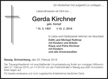 Traueranzeigen Von Gerda Kirchner Trauerportal Ihrer Tageszeitung