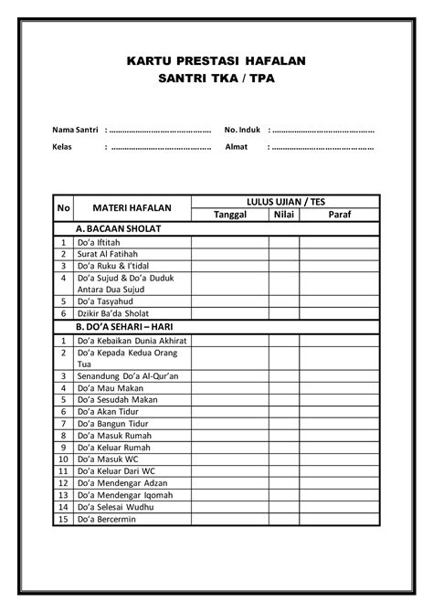 Kartu Prestasi Hafalan Kartu Prestasi Hafalan Santri Tka Tpa Nama
