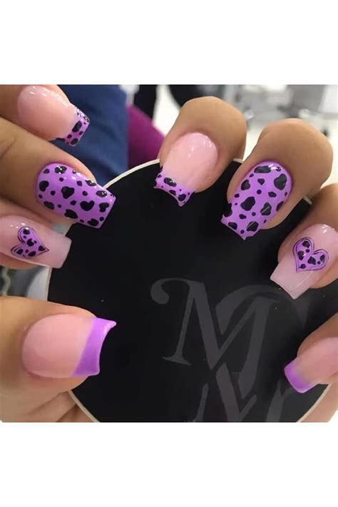 Diduikalor Pcs French Purple Black Nude Heart Pattern Press On Nails Short Square Coffin