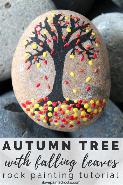 Fall Rock Painting Tutorial Autumn Tree With Falling Leaves Painted