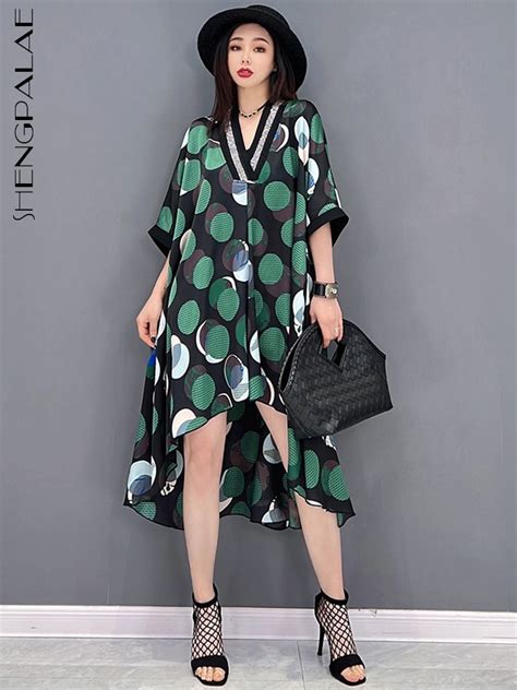 Shengpalae Korean Fashion Dress V Neck Print Casual Medium Long Elegant