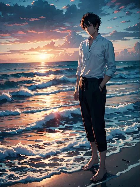 handsome anime man   seashore gloomy ocean cloudy sky dusk
