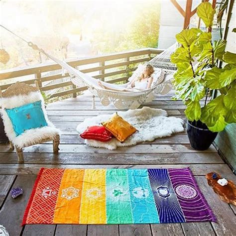 Tapete De Yoga De Arco Ris Chakras Toalha Boho Listrada De