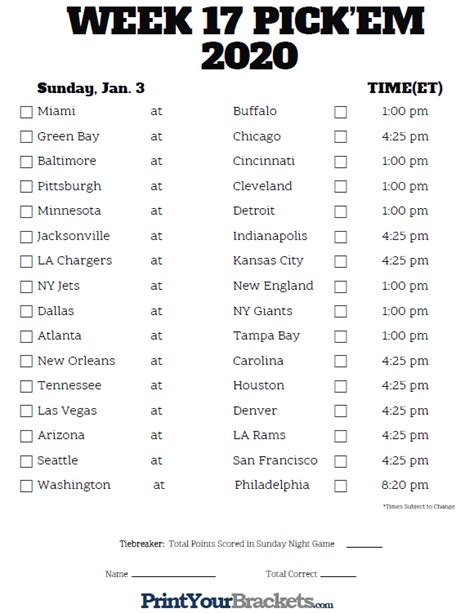 Nfl Week 17 Printable Schedule Printable Schedule