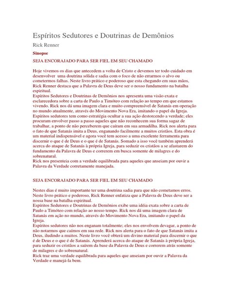 Espiritos Sedutores E Doutrinas De Demonios Pdf - Espíritos Sedutores e Doutrinas de Demônios ( Sinopse Do Livro ) 2 ...