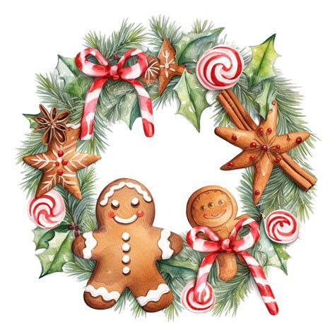 Christmas Gingerbread Cookies Wreath Decoration In Watercolor Style