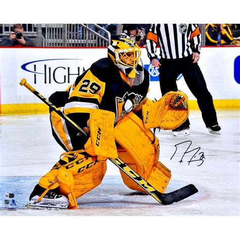 Autographed Pittsburgh Penguins Marc-Andre Fleury Fanatics Authentic 16" x 20" Crouched In Net ...