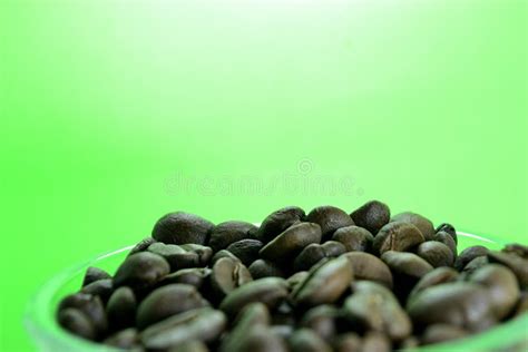 Coffee Beans In A Transparent Glass On A Clean Green Background Stock