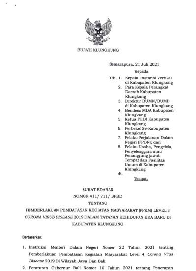 Bupati Klungkung Surat Edaran Nomor 411 711 Bpbd Tentang Pemberlakuan