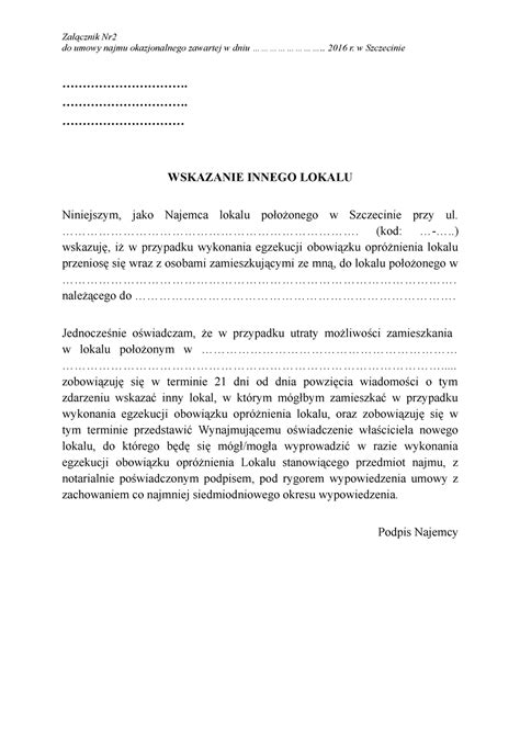 Wskazanie Innego Lokalu Załącznik Nr do umowy najmu okazjonalnego