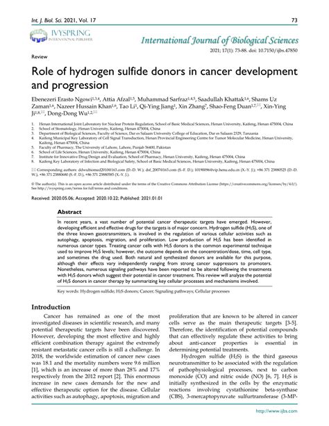 Pdf Role Of Hydrogen Sulfide Donors In Cancer Development And Progression