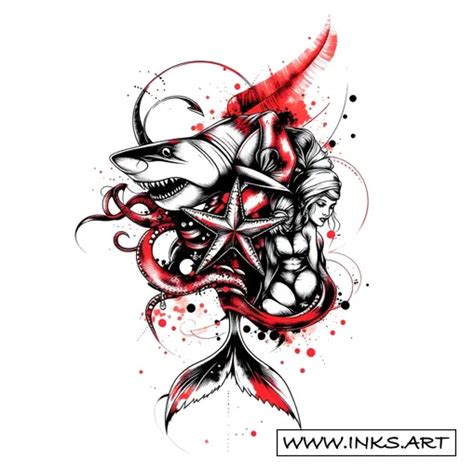 Tattoo Design Sharks Octopus Starfish Nude Mermaids Style Trash Polka