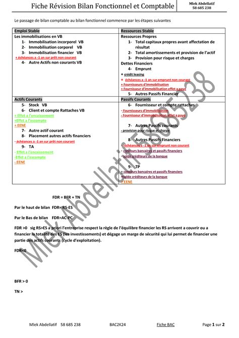 Fichede Révision Bilan Fonctionnel et Comptable Fiche Révision Bilan