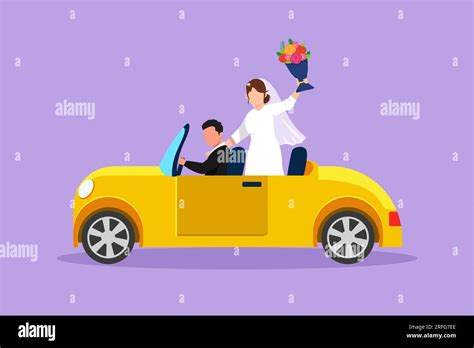 Character Flat Drawing Newly Married Couple Groom In Vehicle Waving