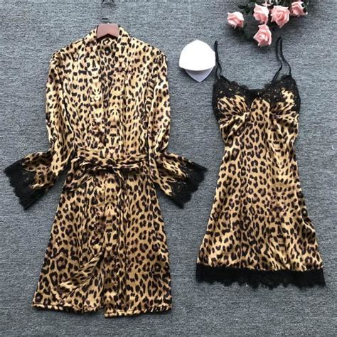 Womens Sexy Satin Sling Lace Leopard Sleepwear Lingerie Nightwear Ensemble De Sous V Tements