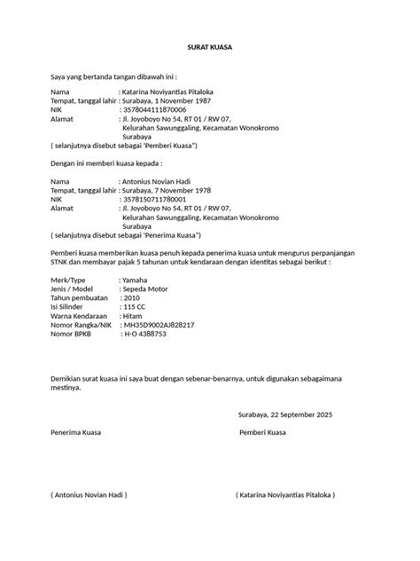 surat kuasa perpanjangan stnk motor