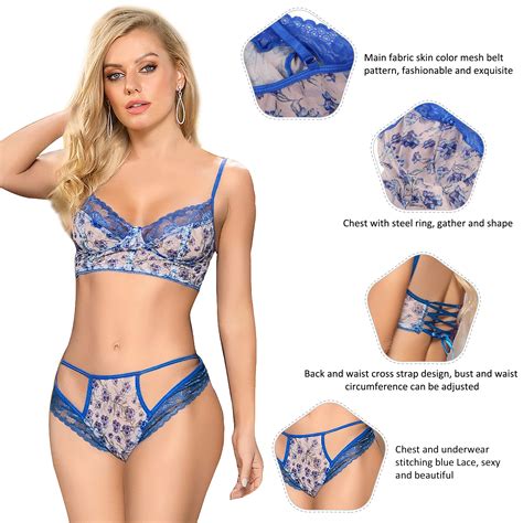 Blue Hot Selling Sexy Lingerie Underwire Bra Brief Sets Floral Lace Hollow Out Mature Women