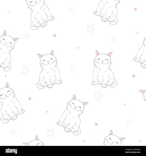 Seamless Pattern Of Cute Cartoon Cat Design On A White Background Stock