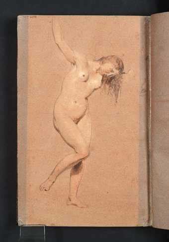 A Standing Female Nude With Raised Right Arm Seen From Behind