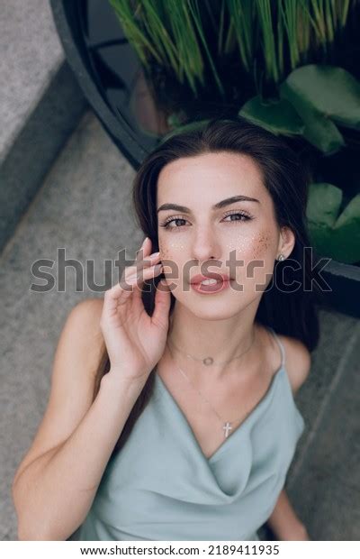 Brunette Girl Light Blue Dress Near Stock Photo 2189411935 Shutterstock