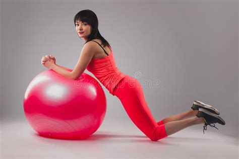 Cute Brunette Woman Doing Exercises With Fitball Stock Photo Image Of Fitball Energy