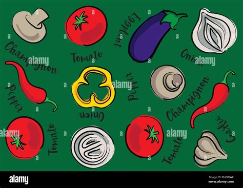 Vector Illustration Mix Vegetables On A Green Background And