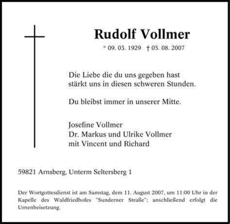 Traueranzeigen Von Rudolf Vollmer Trauer In NRW De