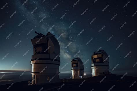Телескопы и обсерватории посреди звездного ночного неба, созданные с ...