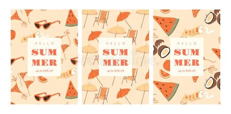 Vector Seamless Summer Pattern With Bikini Watermelon Coconut Umbrella And Beach Chair Stock