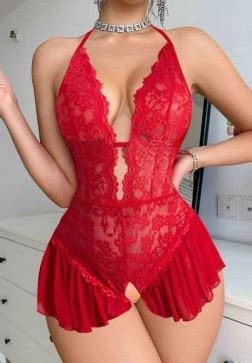 Women Deep V Halter Lingerie Teddy One Piece Bodysuit