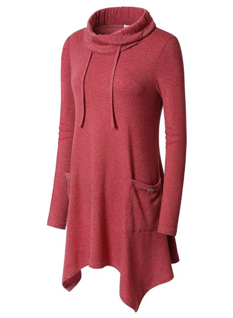 Bulotus Womens Long Sleeve Cowl Neck Relaxed Fit Tunic Top With
