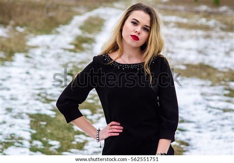 Full Length Portrait Blonde Girl Posing Stock Photo