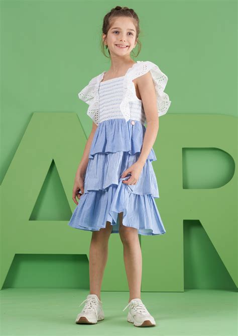 Girls Blue And White Stripe Tiered Dress