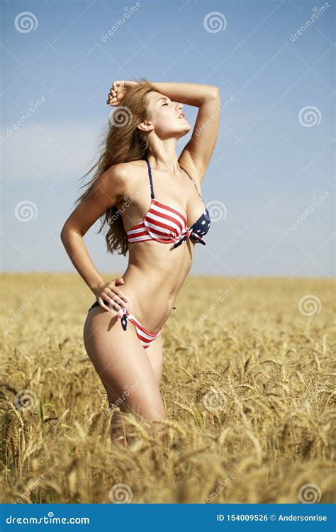 Woman In American Flag Bikini In A Wheat Field Stock Photo Image Of Outdoor People