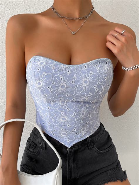 Shein Priv Top Bandeau Con Bordado Floral Fruncido De Espalda Abierta