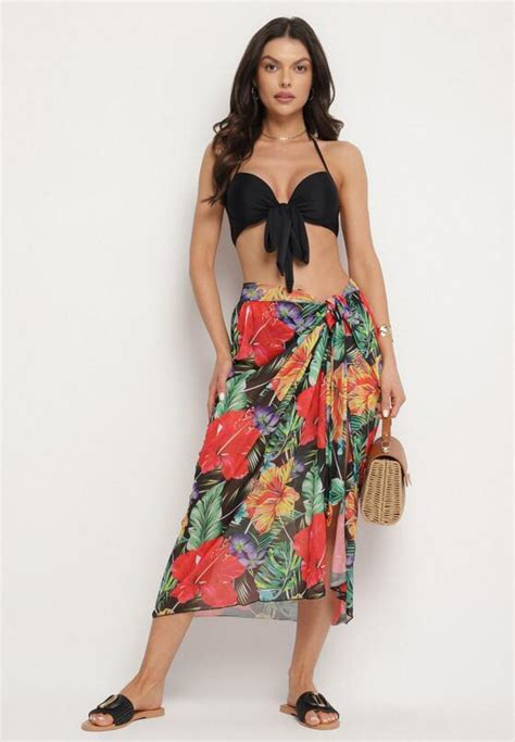 Czarne Bikini Wiązany Biustonosz Majtki Typu Figi Pareo w Kwiaty Folava Born be