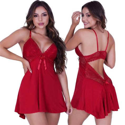 Camisola Renda Sem Bojo Lingerie Pijama Soltinha Linha Noite Costas Nua Calcinha Fio Tanga