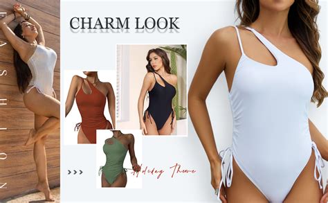 Lilosy Cute One Shoulder Tummy Control One Piece Swimsuit Ruched High Cut Leg Rise Bikini Cutout