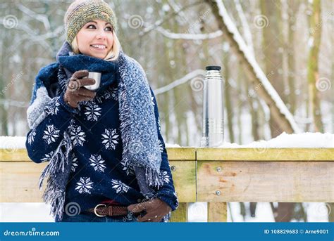 Woman Freezing On A Cold Winter Day Warming Herself Up With Hot Stock Image Image Of Winter