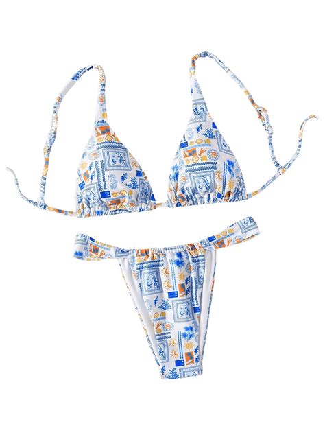 Women S Piece Bathing Suit Graphic Boho Triangle Swimsuits Thong Cheeky Floral Bikini Set Blue