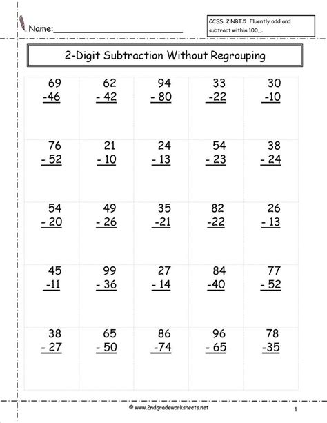 Double Digit Subtraction No Regrouping Worksheets