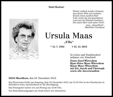 Traueranzeigen Von Ursula Maas Rz Trauer De