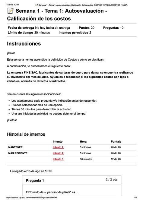 Semana 1 Tema 1 Autoevaluación Calificación de los costos