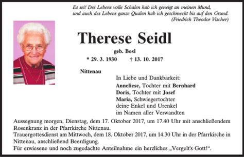 Traueranzeigen Von Therese Seidl Mittelbayerische Trauer