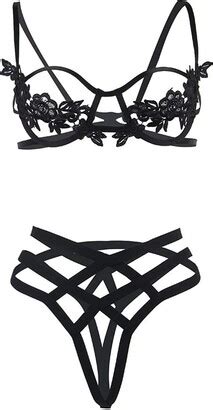 Ohyeahlady Women S Cut Out Lingerie Set Lace Appliques Push Up Bra And Crisscross Knickers