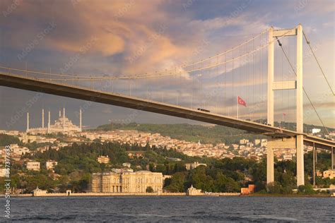 Sunset of Bosphorus strait, with Bosphorus Bridge, or Bogazici Koprusu ...