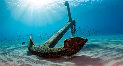 Underwater Anchor Resting On Sandy Seabed With Sunbeams Illuminating